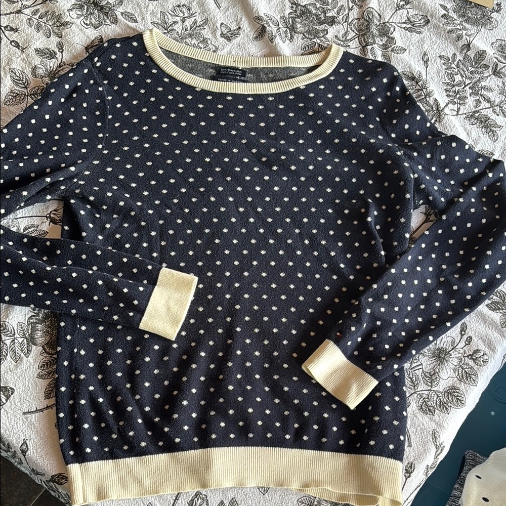 Navy Polka Dot Sweater with Cream Accents